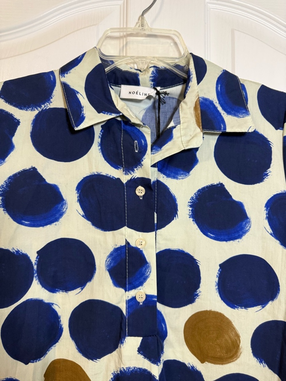 Noeline Polka Dot Midi Shirt Dress in Navy & Tan 100% Cotton Small - Picture 2 of 9